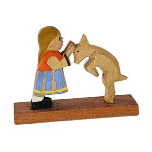 Vintage Erzgebirge Wooden Figurine Girl With Head Butting Goat Figurine Miniatur
